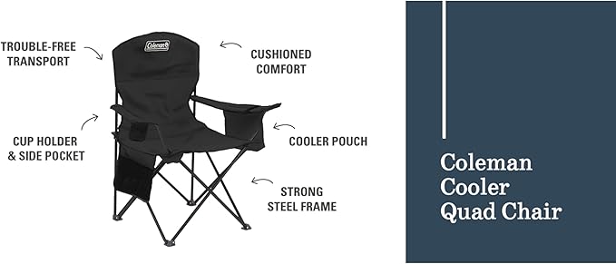 Camping Chair with 4-Can Cooler, Mesh Cup Holder and Black Finish