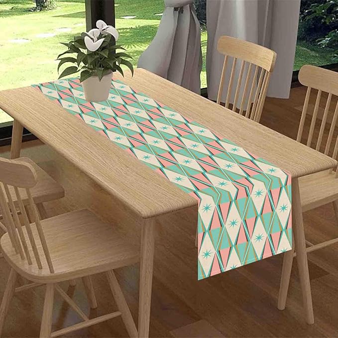 Geometric Table Runner, Retro Mid Century 1950s Modern Abstract Teal Pink - Image 2