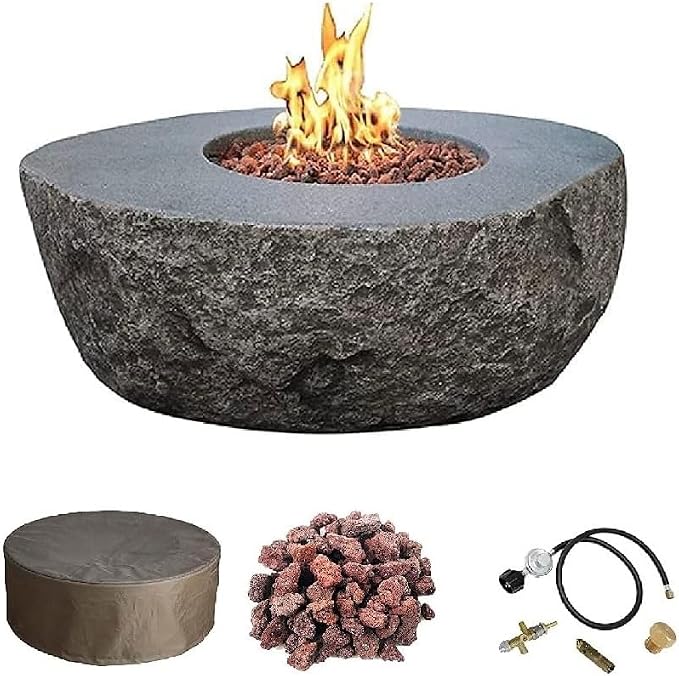 Elementi | Boulder Gas Fire Pit Cast Concrete Semi-Round Fire Table, Outdoor by AMSFireplaceInc