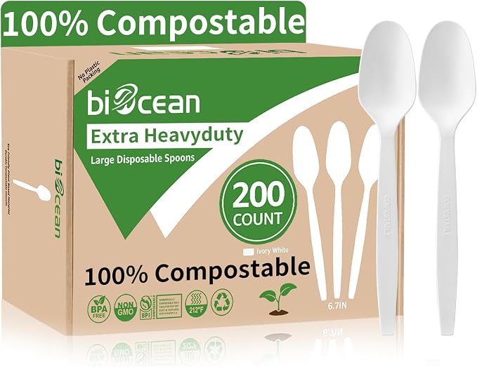 Extra Heavyduty Compostable Spoons Disposable Cutlery No Plastic Spoons Large by Biocean