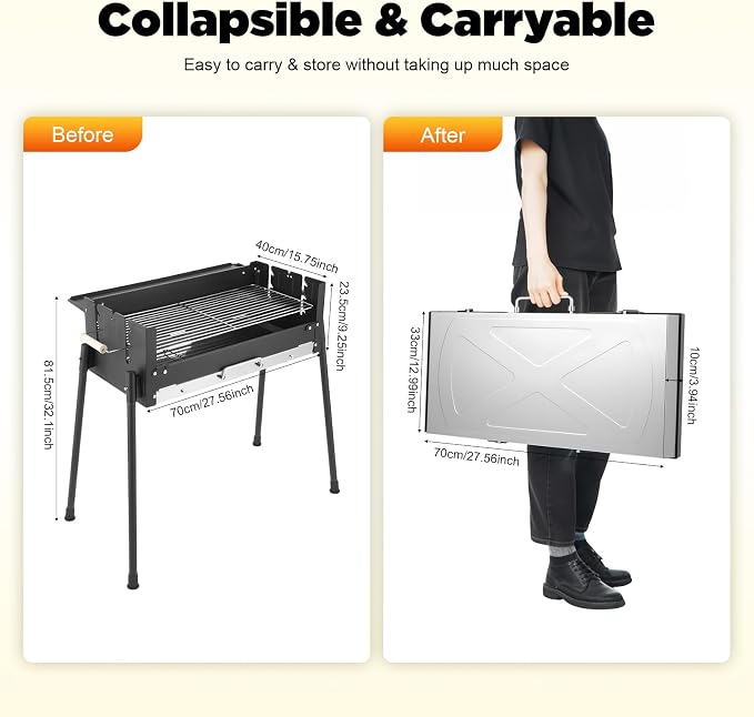 Portable Charcoal Grill, Folding BBQ Barbecue Grill, 27.56" Kebab Grill - Image 2