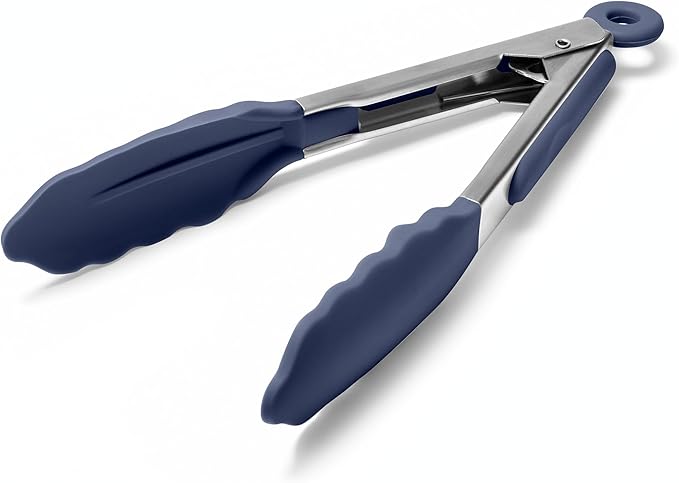 Navy Blue Locking Tongs, 10.5-Inch Stainless Steel with Silicone Tips