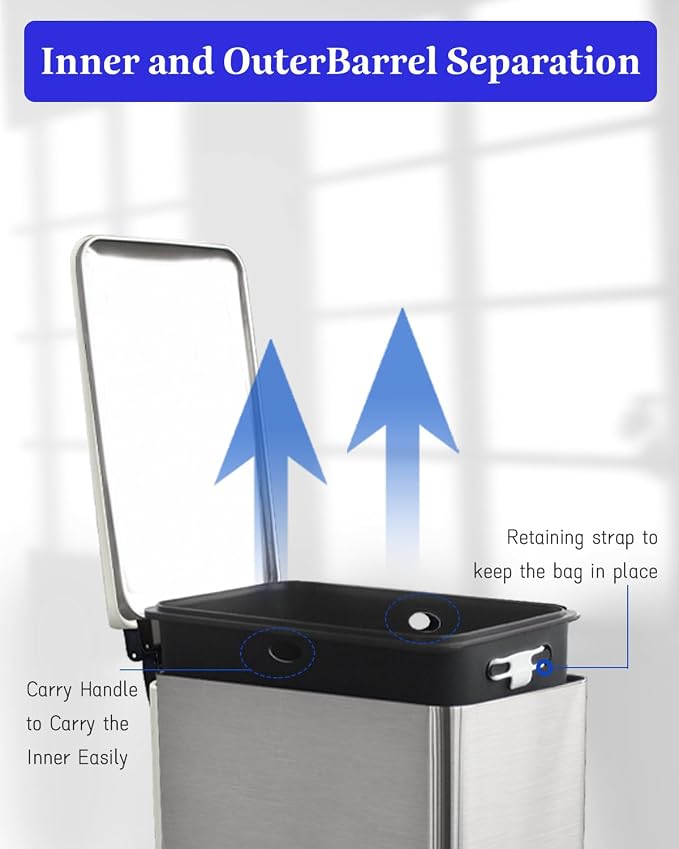 Rubbish Bin with Lid, 10 L, Stainless Steel Waste Bin, Pedal Bin, Stainless - Image 5