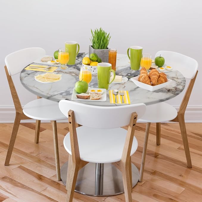 Natural Marble Texture Round Table Cloth Cover, Elastic Edge Waterproof - Image 7