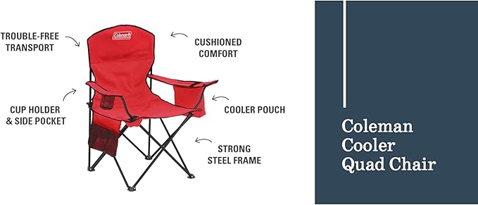 Folding Chair in Red with Armrest Cooler and 325 lb Steel Frame