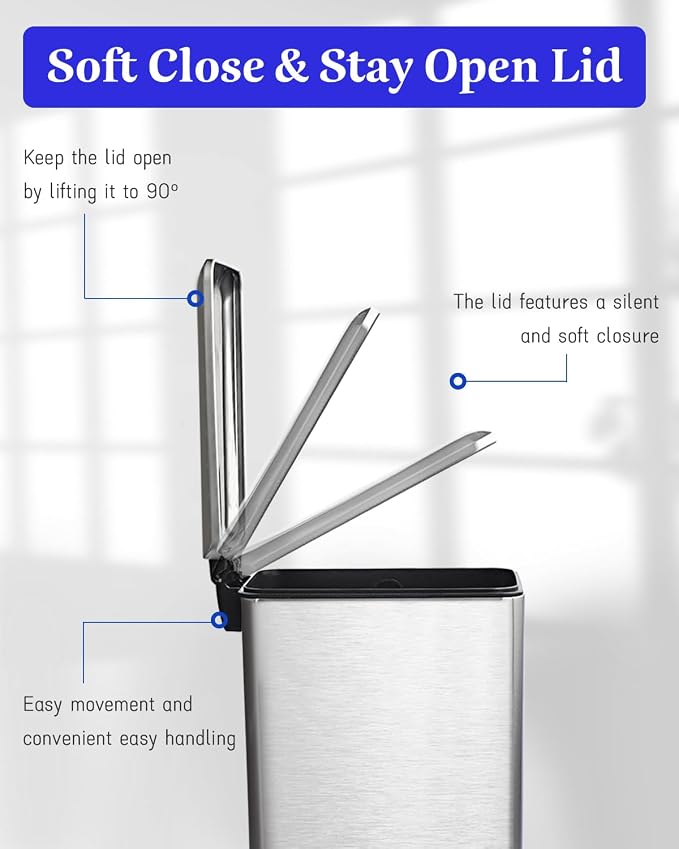 Rubbish Bin with Lid, 10 L, Stainless Steel Waste Bin, Pedal Bin, Stainless - Image 4