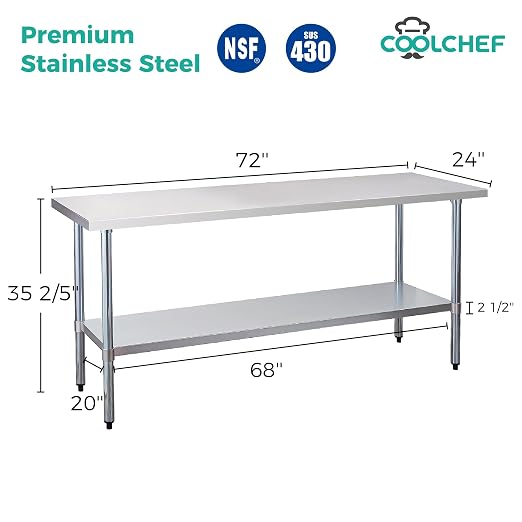 Stainless Steel Work Table 24 x 72 Inch, NSF Commercial Prep Table - Image 2