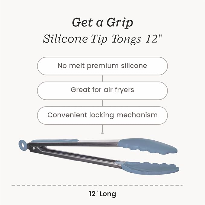 Tongs, 12-Inch Light Blue Silicone with Stainless Steel Core