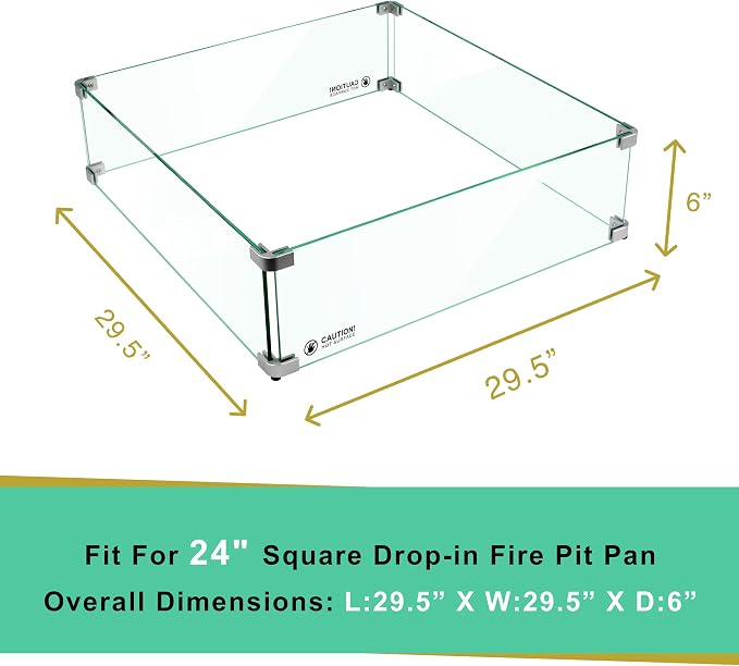 Holy Fire 29.5" L x 29.5" x 6" Square Fire Pit Glass Wind Guard Clear Tempered - Image 3