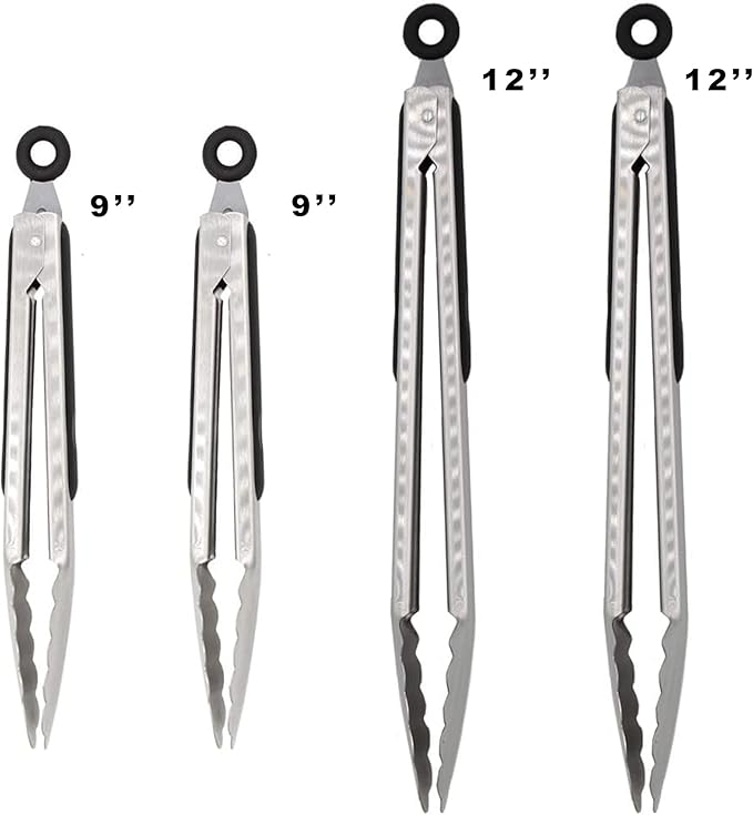 Tongs: Black 304 Stainless Steel with Locking Clip and Non-Slip Grip