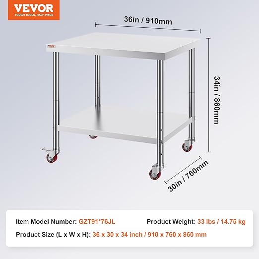 Vevor 30x36x34 Inch Stainless Steel Work Table 3-Stage Adjustable Shelf - Image 7