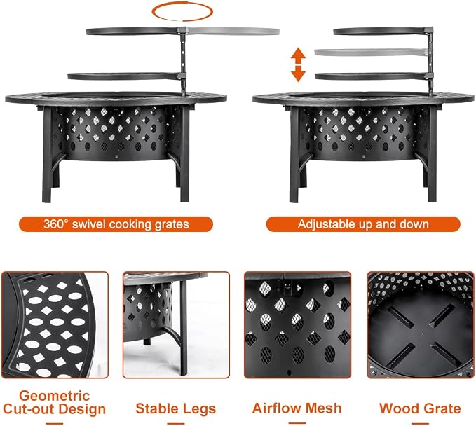 42 Inch Fire Pit with 2 Grills, Extra Large Wood Burning Fire Pits - Image 7
