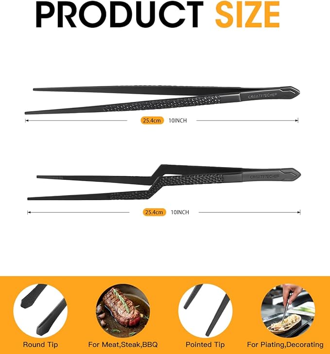 Tongs for Plating, Black Stainless Steel Culinary Tweezers, 10-Inch
