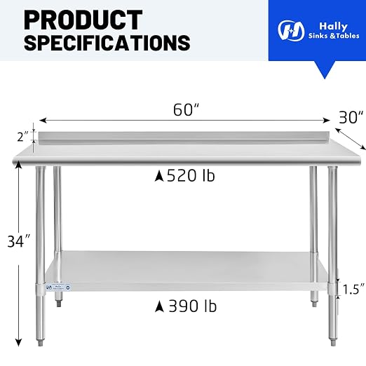 Hally Stainless Steel Table for Prep & Work 30 x 60 Inches, NSF Commercial - Image 3