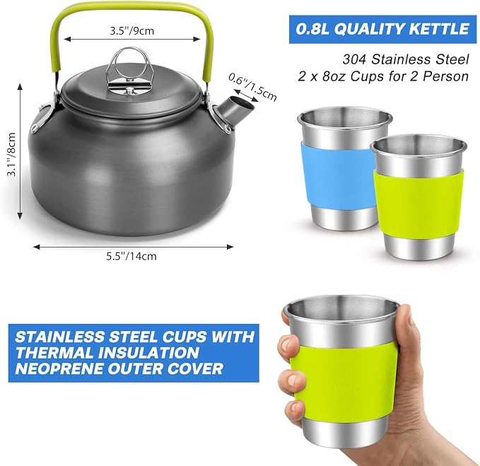 Odoland 15pcs Camping Cookware Mess Kit, Non-Stick Lightweight Pot Pan Kettle - Image 2