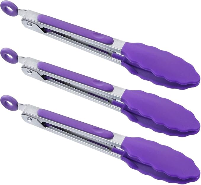 Tongs, 7 Inch Mini Stainless Steel Serving Tongs with Silicone Heads, Purple