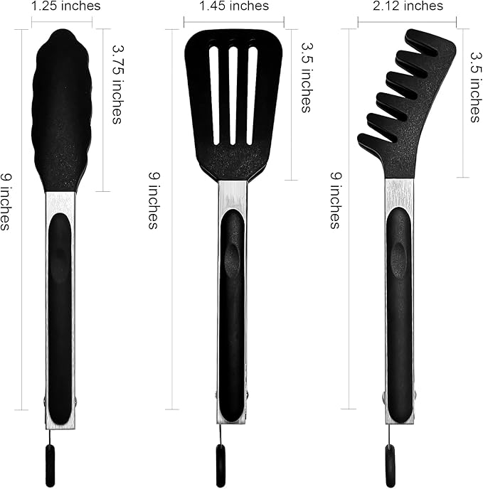 Silicone Tip Tongs Set, 3-Piece 9-Inch Black Stainless Steel