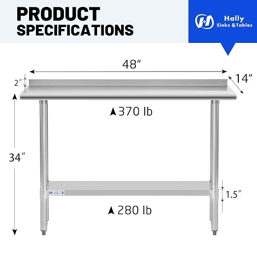 Hally Stainless Steel Table for Prep & Work 14 x 48 Inches, NSF Commercial - Image 3