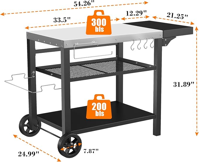 Grill Cart, Outdoor Grill Table, Pizza Oven Stand, Three-Shelf BBQ Table - Image 8