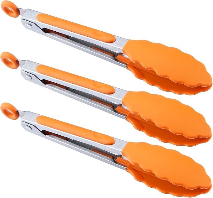 BBQ Tongs with Silicone Tips, 7 Inch Stainless Steel, Set of 3