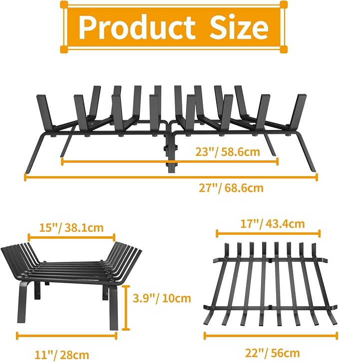 Heavy Duty 27Inch Fireplace Grate, Solid Steel Log Rack - Image 2