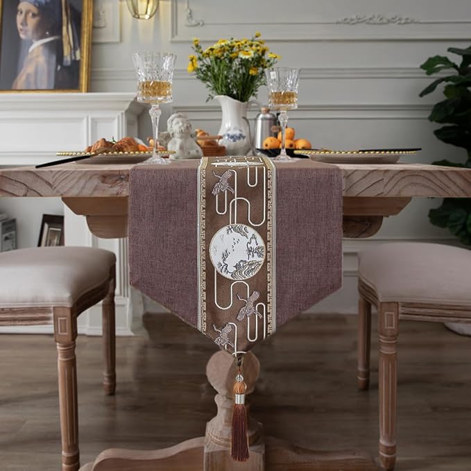 Embroidered Tassel Table Runner Chinese Style Landscape Painting Waterproof - Image 3