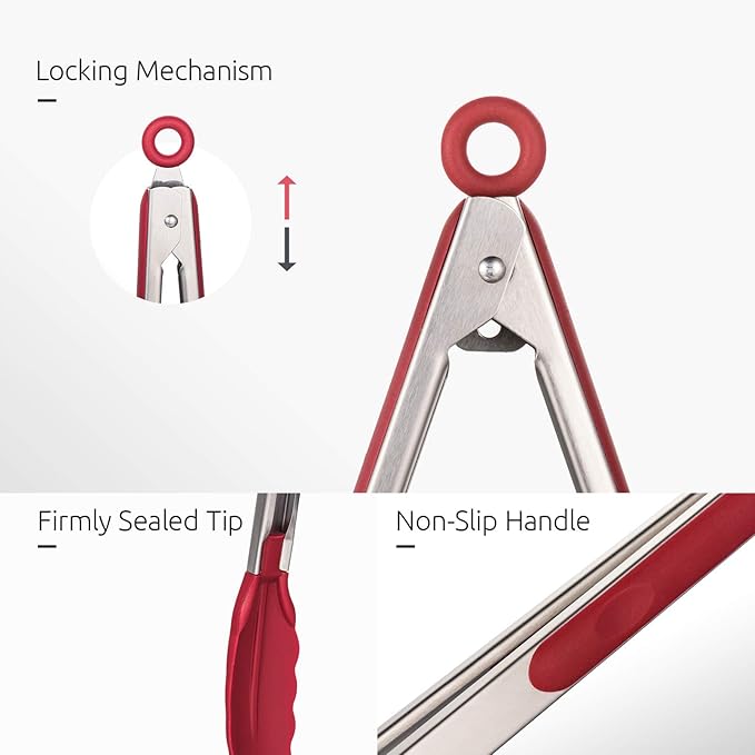 Tongs in 7, 9 and 12 Inch, Stainless Steel and Silicone, Red