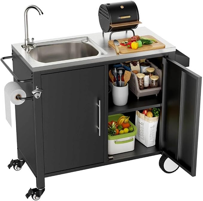 Outdoor Grill Cart with Storage, Movable Prep Cart with 304 Stainless Steel by HOYOC