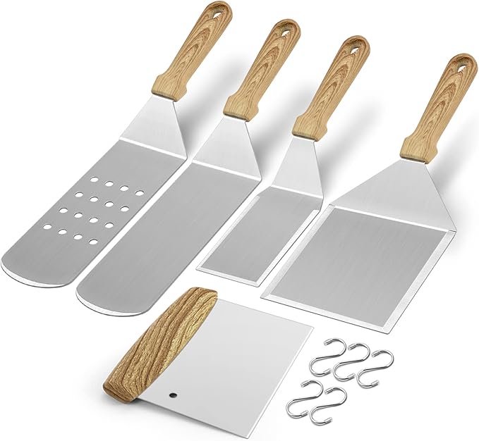 Barbecue Tool Set, 5 Piece Stainless Steel Griddle Spatulas with Hooks
