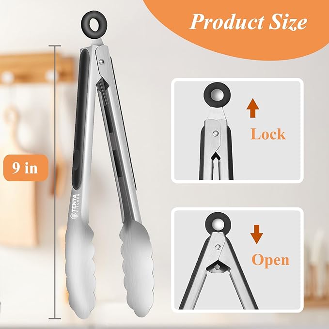 Tongs, 9-Inch Food-Grade Stainless Steel with Locking Ring, Set of 4