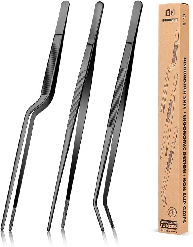 Tongs, 3-Piece Set, 12 Inch Black 304 Stainless Steel