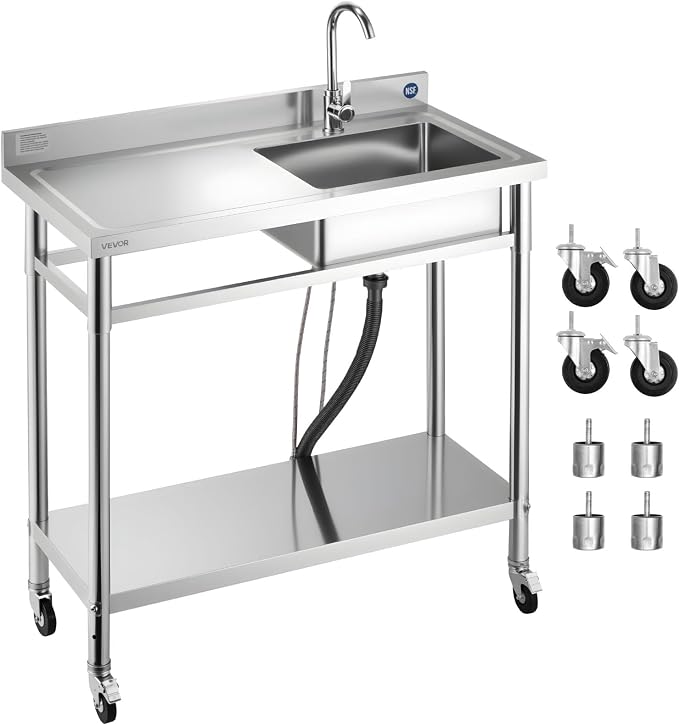VEVOR Stainless Steel Utility Sink, Rolling Single Bowl Commercial Kitchen Sink by VEVOR