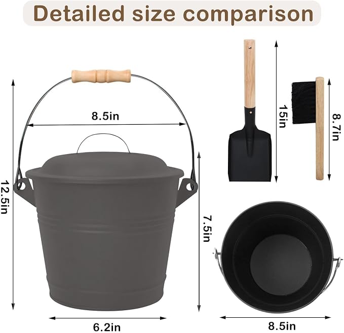 Poofzy Ash Bucket with Lid and Shovel, 1.3 Gallon Fireplace Bucket - Image 2