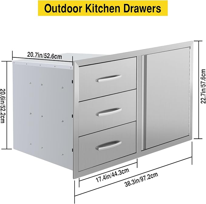 Outdoor Kitchen Drawer Combo, Stainless Steel Triple Drawers & 2 Trash Can - Image 3