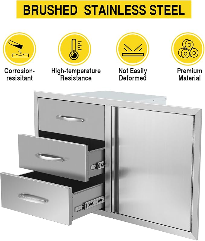 Outdoor Kitchen Drawer Combo, Stainless Steel Triple Drawers & 2 Trash Can - Image 5