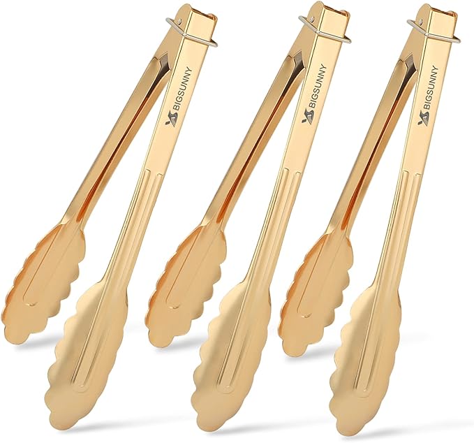 Serving Tongs, 9-Inch Gold-Plated Aluminum, Set of 3