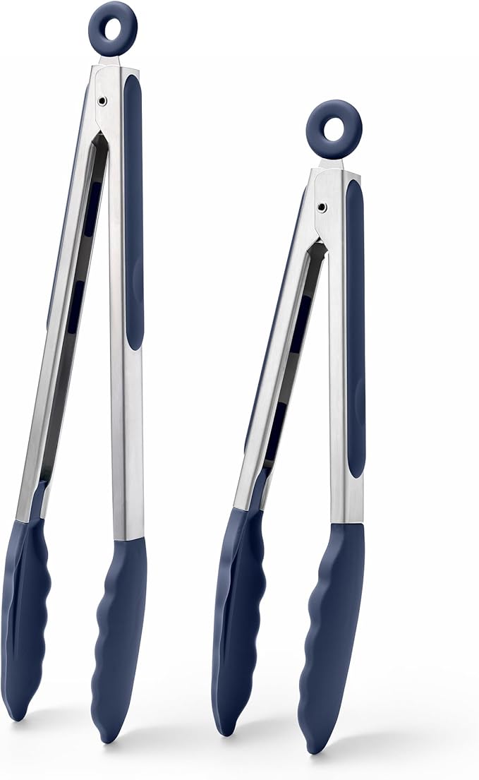 Locking Stainless Steel Tongs with Silicone Tips, Navy Blue