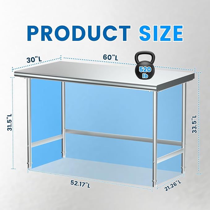 Treshin Stainless Steel Work Table Open Base 30" X 60", Commercial Heavy Duty - Image 3