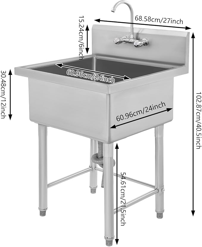 Commercial Sink with Cold & Hot Faucet, Freestanding Single Bowl Kitchen - Image 2