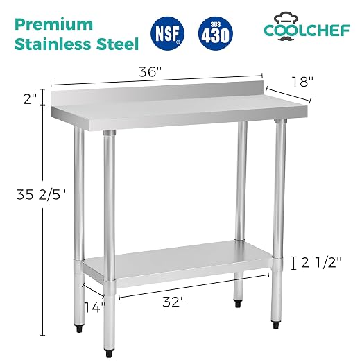 Stainless Steel Work Table 18 x 36 Inch, NSF Commercial Prep Table - Image 2