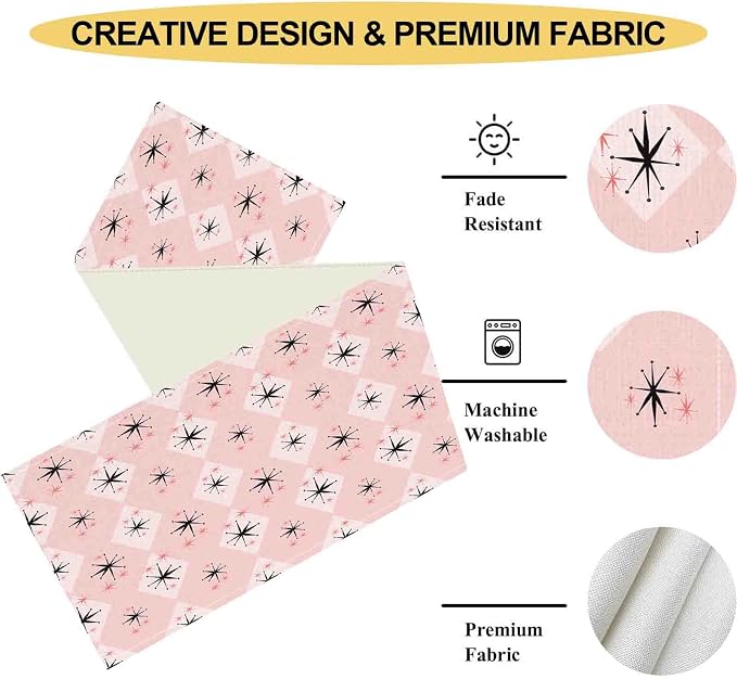 Pink Table Runner, Retro Mid Century 1950s Checkered Modern Abstract Geometric - Image 5