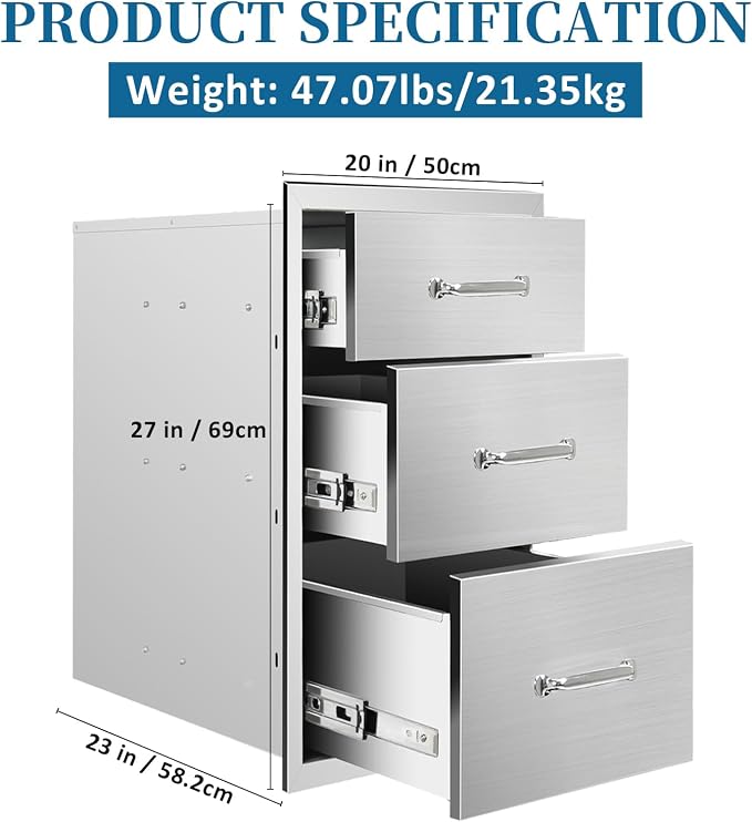 Outdoor Kitchen Drawers 20"Wx27"Hx23"D Flush Mount Access 3-Drawer BBQ - Image 2