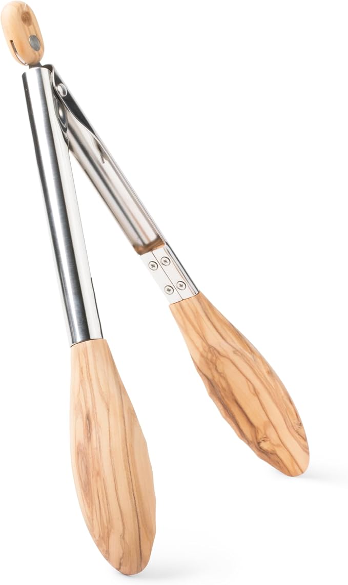 Kitchen Tongs in Olive Hardwood, Locking Long Handles