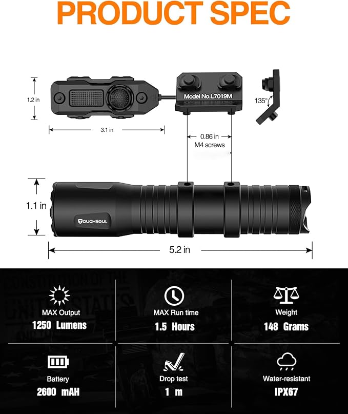 TOUGHSOUL M-Rail Picatinny Tactical Flashlight 1250 Lumens, Rechargeable - Image 2