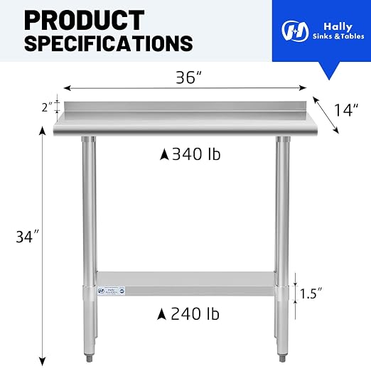 Hally Stainless Steel Table for Prep & Work 14 x 36 Inches, NSF Commercial - Image 3