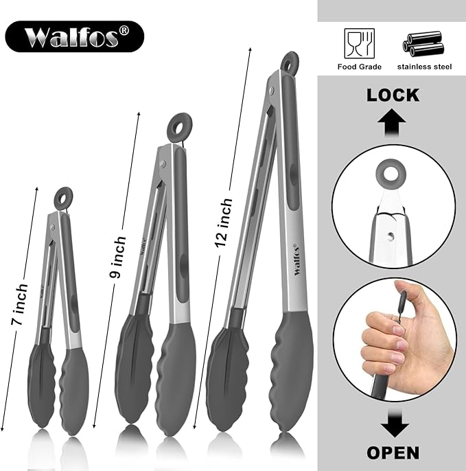 Tongs Set, 3 Sizes 7/9/12 Inch, Silicone Tips, Dark Grey