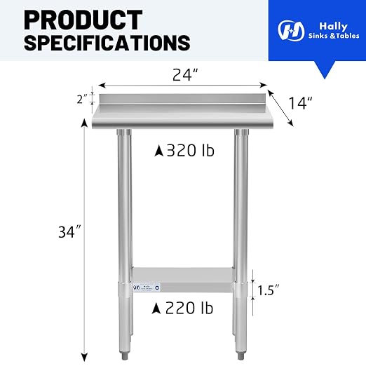 Hally Stainless Steel Table for Prep & Work 14 x 24 Inches, NSF Commercial - Image 3