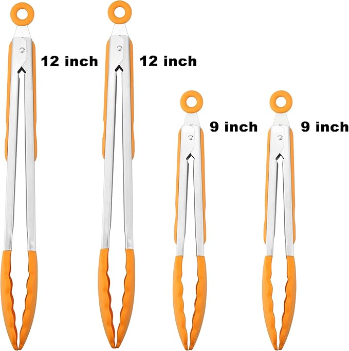 Tongs, 4 Pack in Orange with Silicone and 304 Stainless Steel Construction