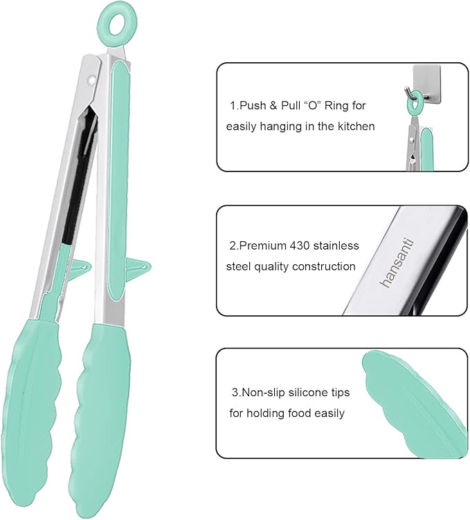 Tongs Set, 4 Piece Green Silicone and Stainless Steel for Grilling