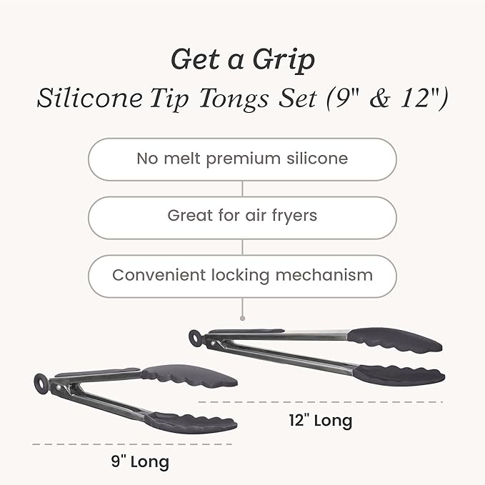 Tongs Set of 2, 9-Inch and 12-Inch Silicone with Stainless Steel Core